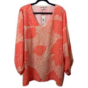 Wai Ono Womens Mahina Blouse XXXL Top Coral Cream Leaf V-Neck Long Sleeve New